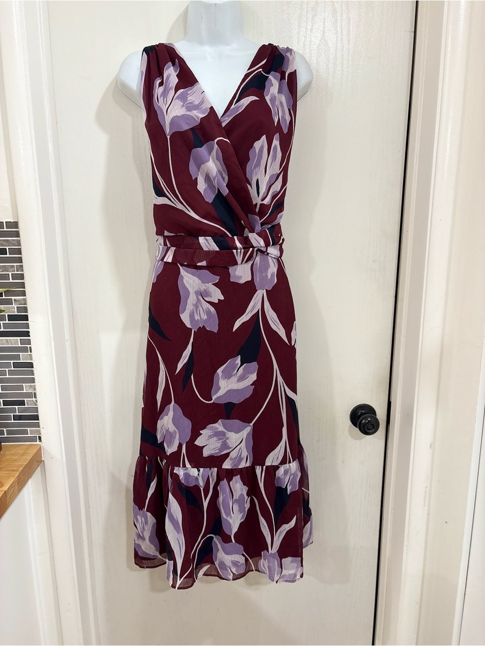 Ann Taylor Burgundy Floral Wrap-Style Midi Dress